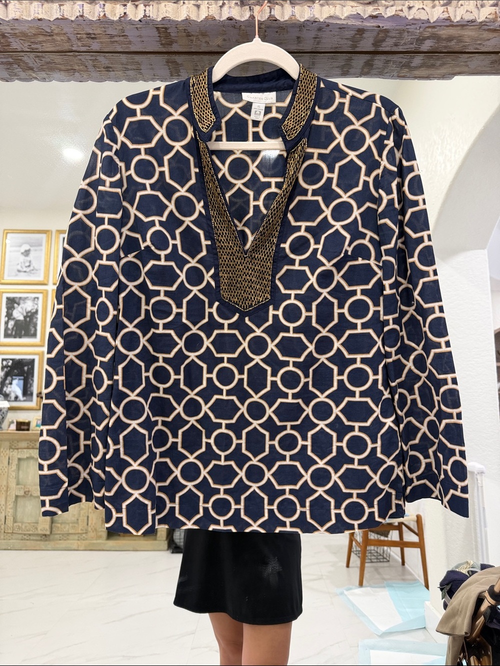 Charter Club Navy and Cream Geometric Tunic Top